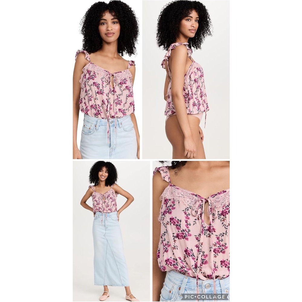 Free People Floral Lace Trim Bodysuit Ruffle Straps Pink Combo L